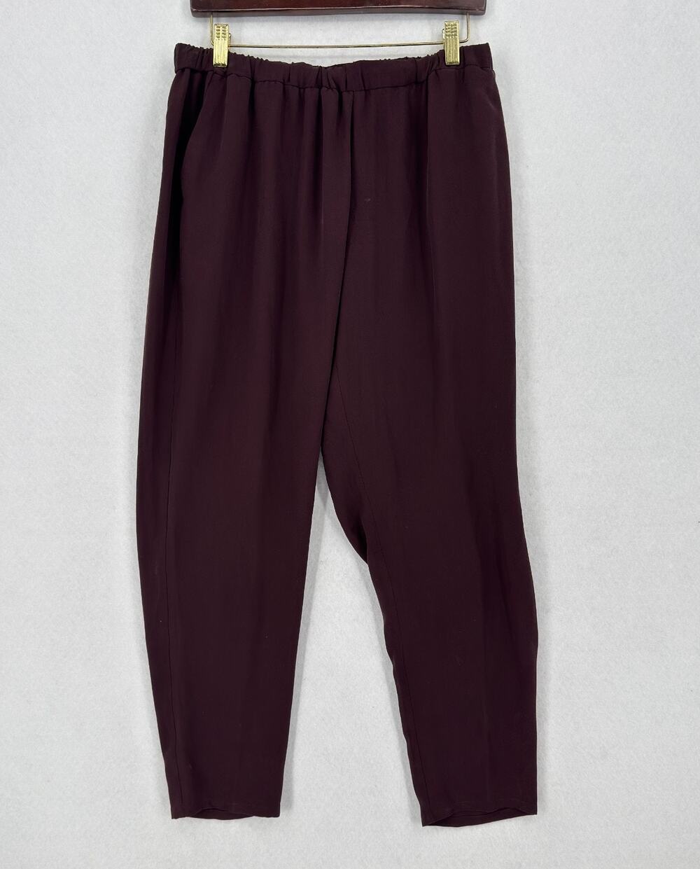 Eileen Fisher Cassis Brown Silk Georgette Crepe Tapered Pants Sz L - Picture 1 of 4